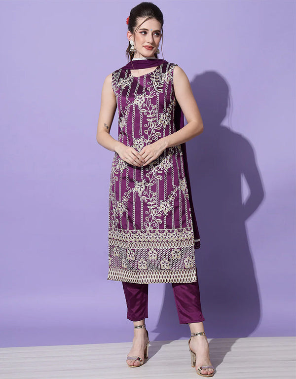 Designer Party Wear Cotton Silk Blend Salwar Suit Purple Cotton Silk Blend Pant Straight Front View