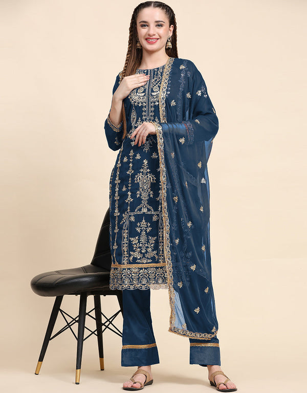 Traditional Party Wear Designer Salwar Suit Blue Faux Georgette Pant Straight Front View