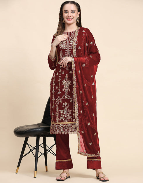 Traditional Party Wear Designer Salwar Suit Maroon Faux Georgette Pant Straight Front View