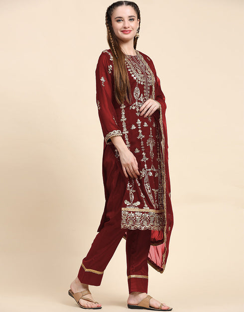 Traditional Party Wear Designer Salwar Suit Maroon Faux Georgette Pant Straight Close-up View