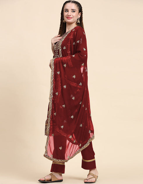Traditional Party Wear Designer Salwar Suit Maroon Faux Georgette Pant Straight Back View