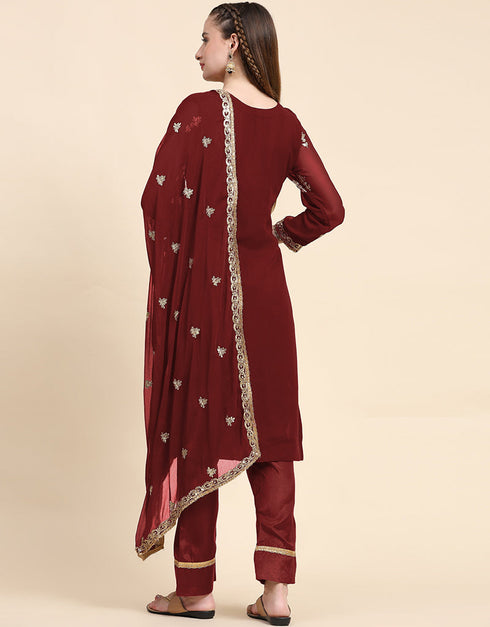Traditional Party Wear Designer Salwar Suit Maroon Faux Georgette Pant Straight Side View