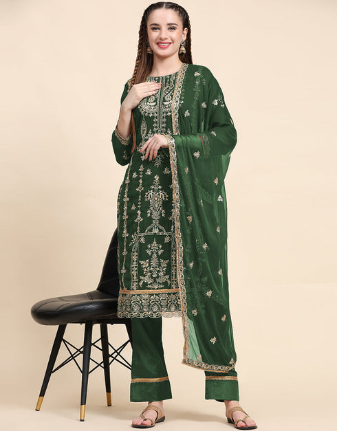 Traditional Party Wear Designer Salwar Suit Green Faux Georgette Pant Straight Front View