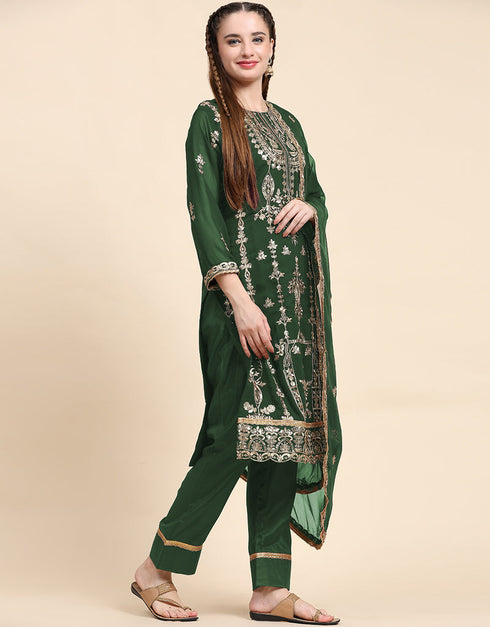 Traditional Party Wear Designer Salwar Suit Green Faux Georgette Pant Straight Close-up View