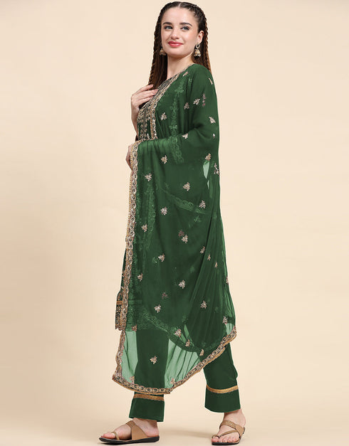 Traditional Party Wear Designer Salwar Suit Green Faux Georgette Pant Straight Back View
