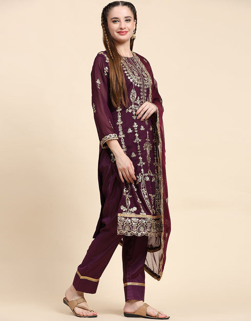 Traditional Party Wear Designer Salwar Suit Purple Faux Georgette Pant Straight Close-up View