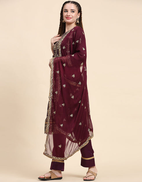 Traditional Party Wear Designer Salwar Suit Purple Faux Georgette Pant Straight Back View