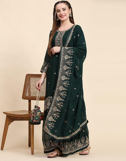 Traditional Party Wear Designer Salwar Suit Green Faux Georgette Palazzo Straight Close-up View