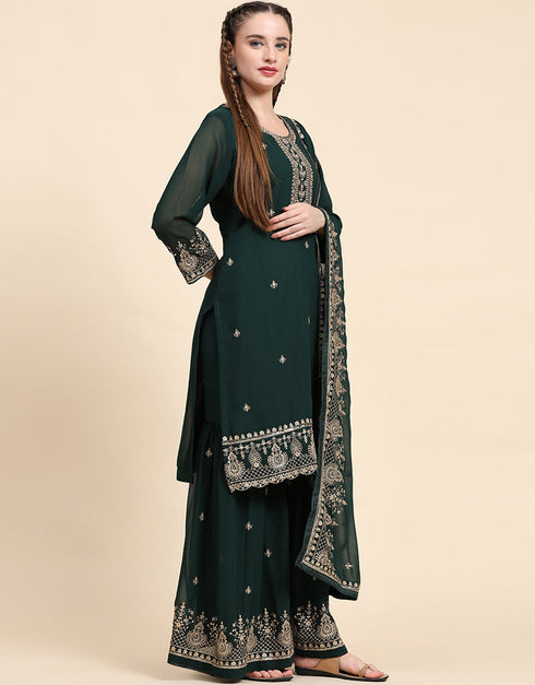 Traditional Party Wear Designer Salwar Suit Green Faux Georgette Palazzo Straight Back View
