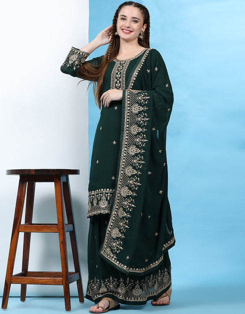 Traditional Party Wear Designer Salwar Suit Green Faux Georgette Palazzo Straight Front View