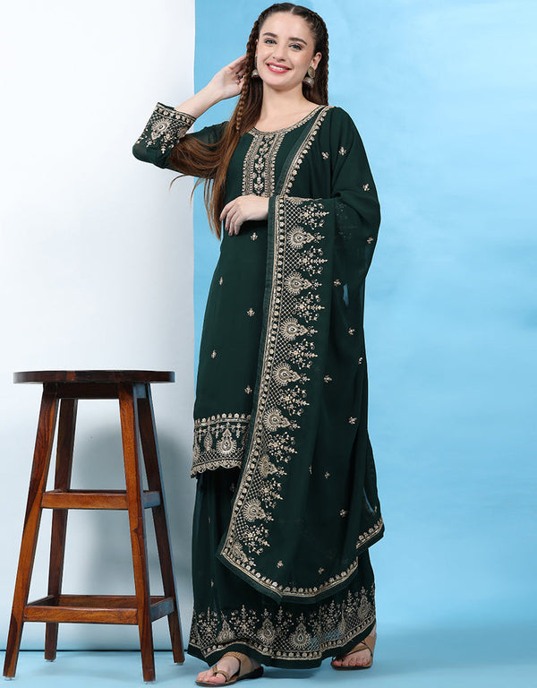 Traditional Party Wear Designer Salwar Suit Green Faux Georgette Palazzo Straight Front View