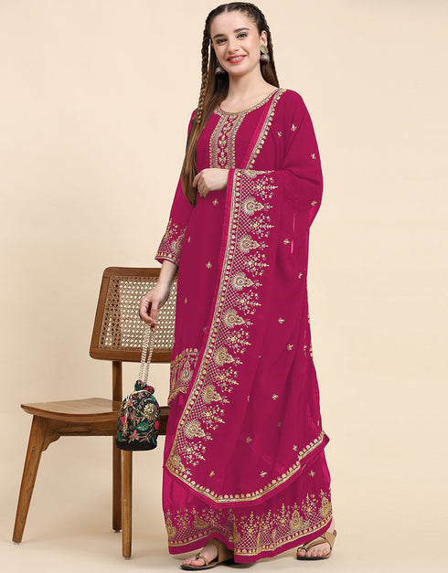 Traditional Party Wear Designer Salwar Suit Pink Faux Georgette Palazzo Straight Close-up View