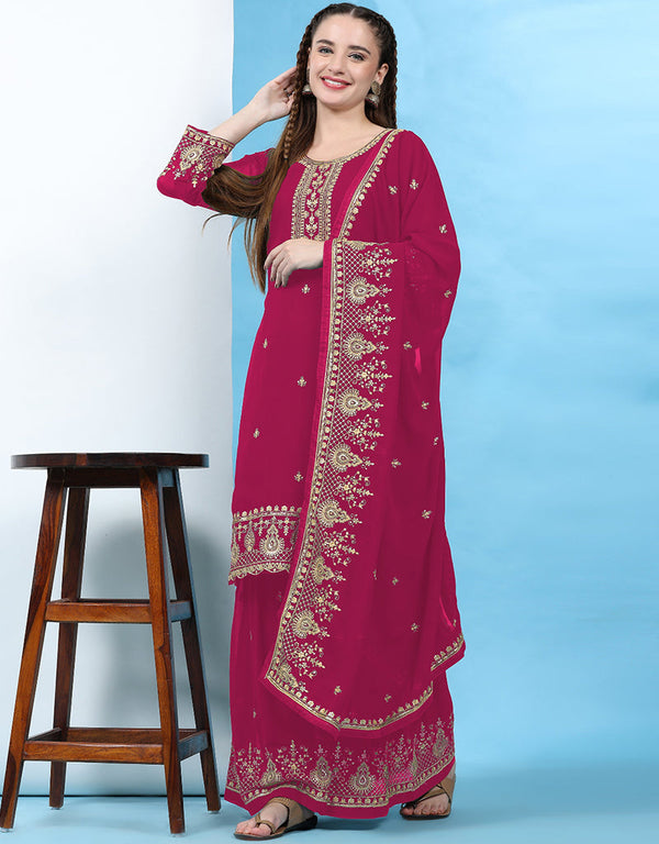 Traditional Party Wear Designer Salwar Suit Pink Faux Georgette Palazzo Straight Front View