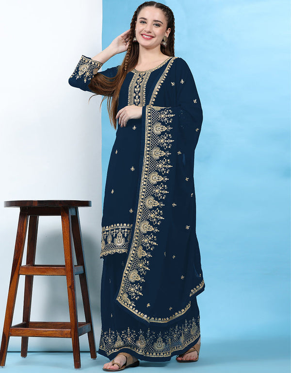 Traditional Party Wear Designer Salwar Suit Blue Faux Georgette Palazzo Straight Front View