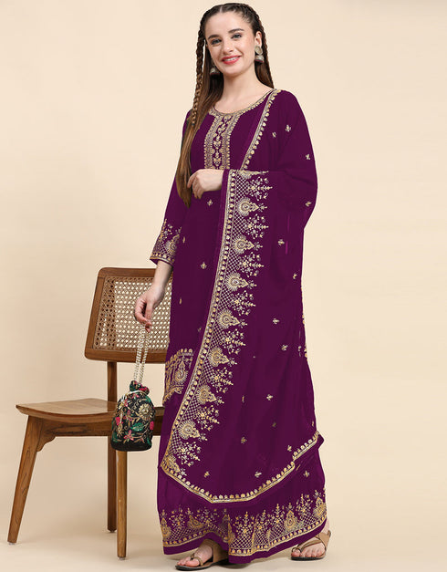 Traditional Party Wear Designer Salwar Suit Purple Faux Georgette Palazzo Straight Close-up View