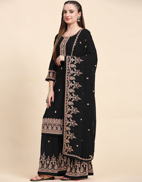 Traditional Party Wear Designer Salwar Suit Black Faux Georgette Palazzo Straight Close-up View