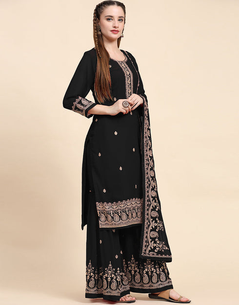 Traditional Party Wear Designer Salwar Suit Black Faux Georgette Palazzo Straight Back View