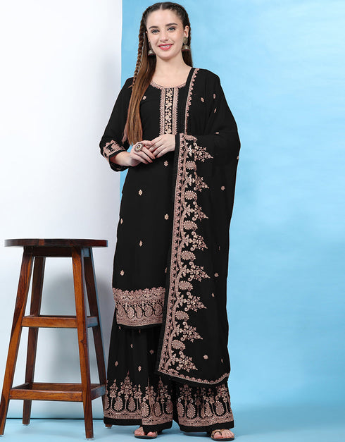 Traditional Party Wear Designer Salwar Suit Black Faux Georgette Palazzo Straight Front View