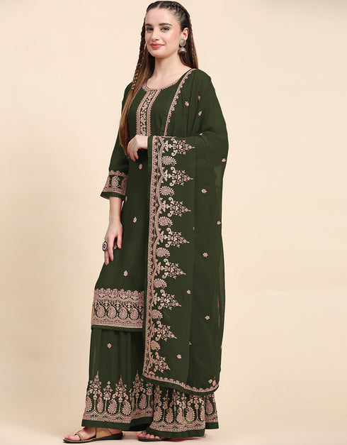 Traditional Party Wear Designer Salwar Suit Green Faux Georgette Palazzo Straight Close-up View