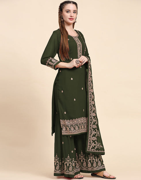 Traditional Party Wear Designer Salwar Suit Green Faux Georgette Palazzo Straight Back View