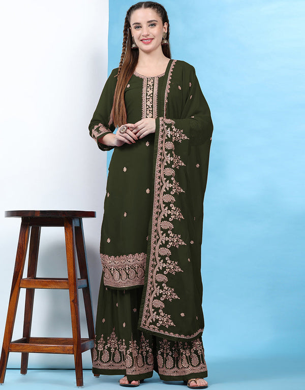 Traditional Party Wear Designer Salwar Suit Green Faux Georgette Palazzo Straight Front View