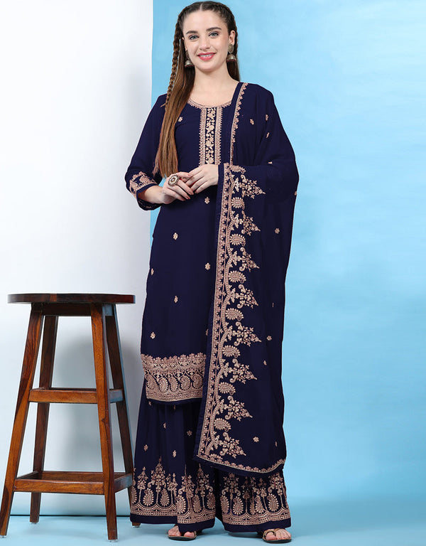 Traditional Party Wear Designer Salwar Suit Blue Faux Georgette Palazzo Straight Front View
