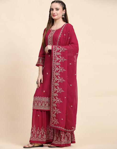 Traditional Party Wear Designer Salwar Suit Maroon Faux Georgette Palazzo Straight Close-up View