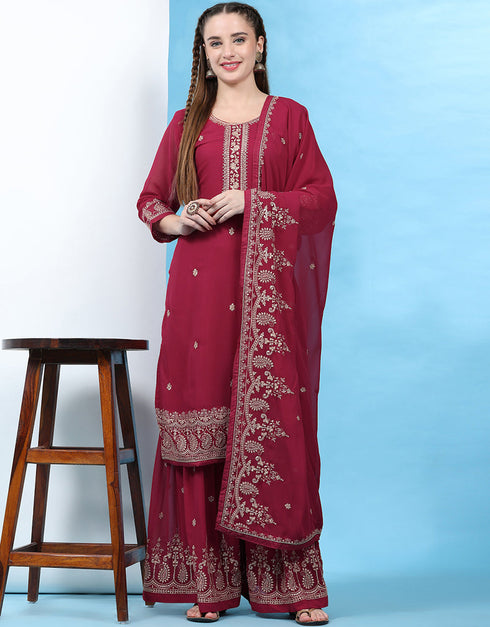 Traditional Party Wear Designer Salwar Suit Maroon Faux Georgette Palazzo Straight Front View