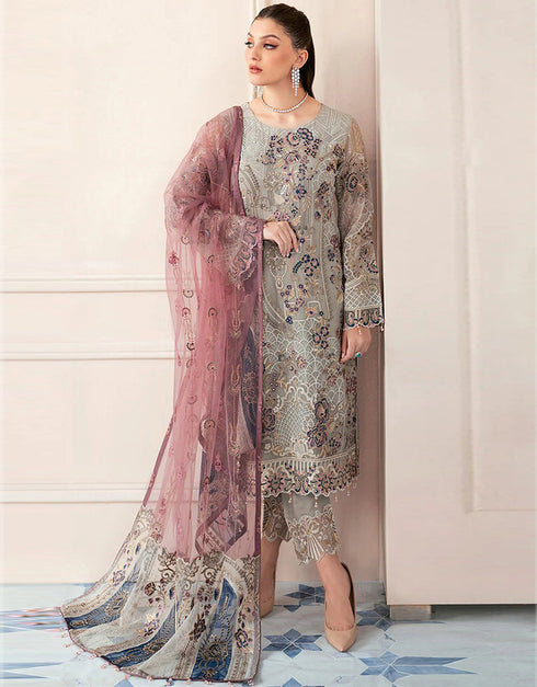 Traditional Party Wear Designer Salwar Suit Light Grey Faux Georgette Pant Straight Front View