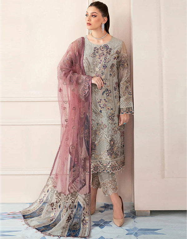 Traditional Party Wear Designer Salwar Suit Light Grey Faux Georgette Pant Straight Front View