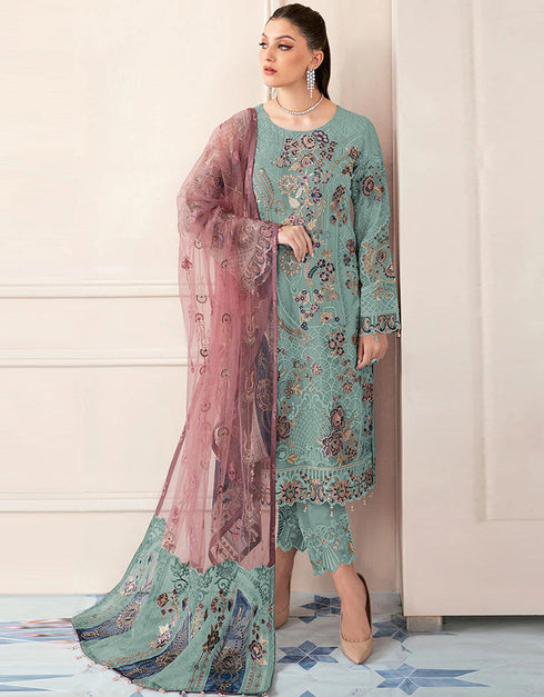 Traditional Party Wear Designer Salwar Suit Sky Faux Georgette Pant Straight Front View