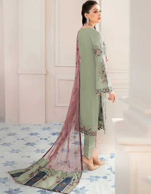 Traditional Party Wear Designer Salwar Suit Green Faux Georgette Pant Straight Close-up View