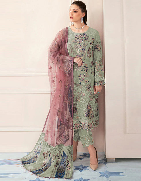 Traditional Party Wear Designer Salwar Suit Green Faux Georgette Pant Straight Front View