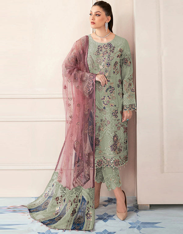 Traditional Party Wear Designer Salwar Suit Green Faux Georgette Pant Straight Front View