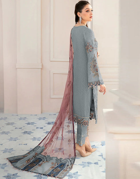 Traditional Party Wear Designer Salwar Suit Grey Faux Georgette Pant Straight Close-up View