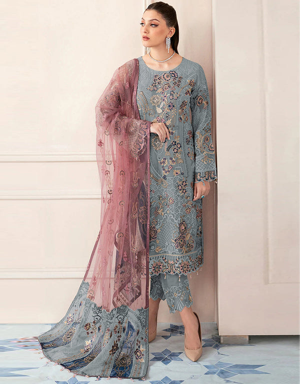 Traditional Party Wear Designer Salwar Suit Grey Faux Georgette Pant Straight Front View