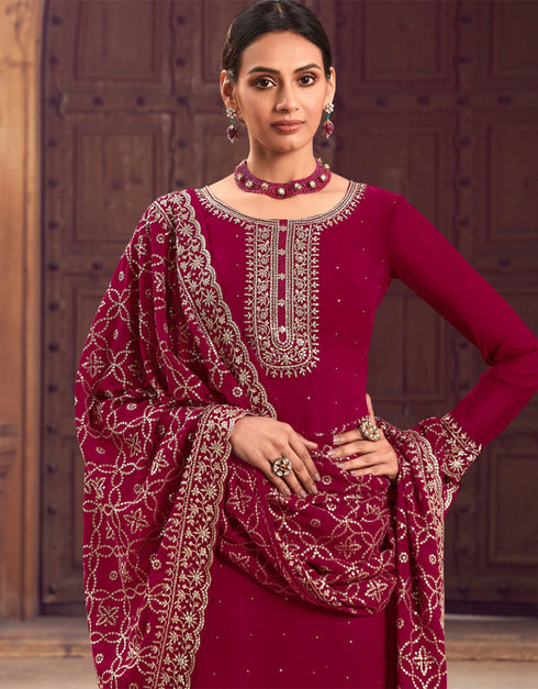 Traditional Party Wear Designer Salwar Suit Maroon Faux Georgette Pant Straight Close-up View