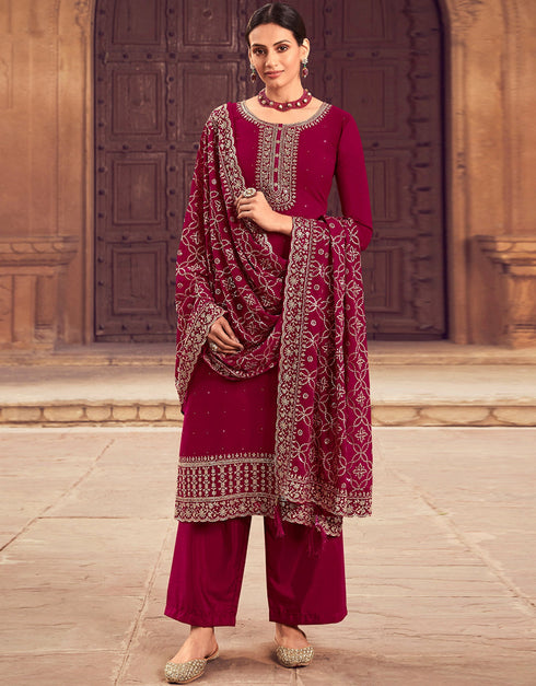 Traditional Party Wear Designer Salwar Suit Maroon Faux Georgette Pant Straight Front View
