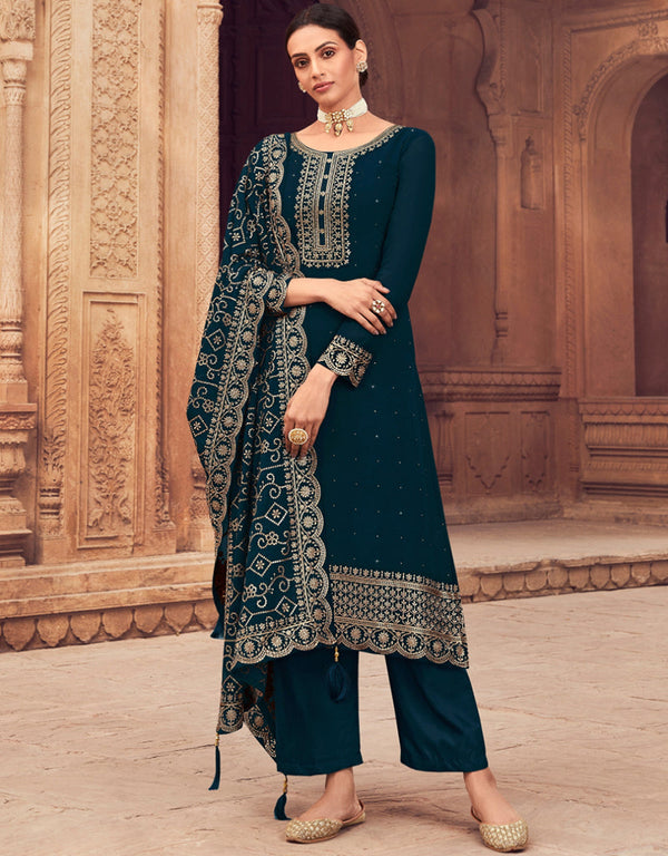 Traditional Party Wear Designer Salwar Suit Blue Faux Georgette Pant Straight Front View