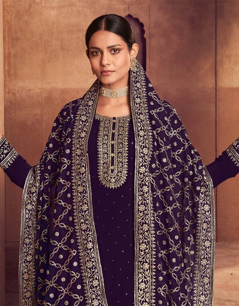 Traditional Party Wear Designer Salwar Suit Purple Faux Georgette Pant Straight Close-up View
