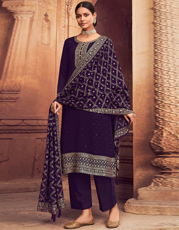 Traditional Party Wear Designer Salwar Suit Purple Faux Georgette Pant Straight Front View