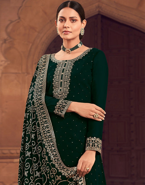 Traditional Party Wear Designer Salwar Suit Green Faux Georgette Pant Straight Close-up View