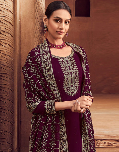 Traditional Party Wear Designer Salwar Suit Wine Faux Georgette Pant Straight Close-up View