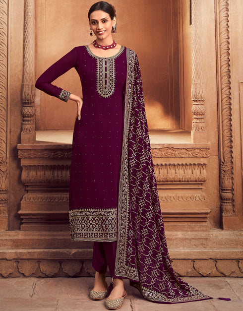 Traditional Party Wear Designer Salwar Suit Wine Faux Georgette Pant Straight Front View