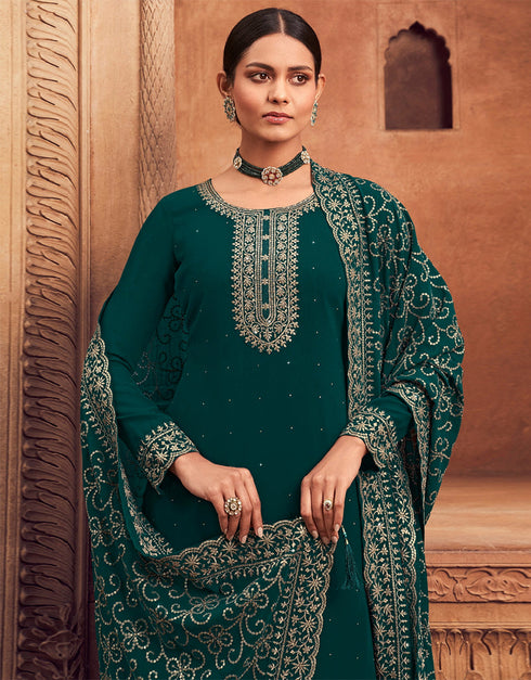 Traditional Party Wear Designer Salwar Suit Rama Faux Georgette Pant Straight Close-up View