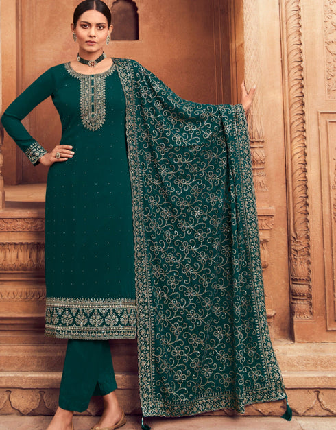 Traditional Party Wear Designer Salwar Suit Rama Faux Georgette Pant Straight Front View