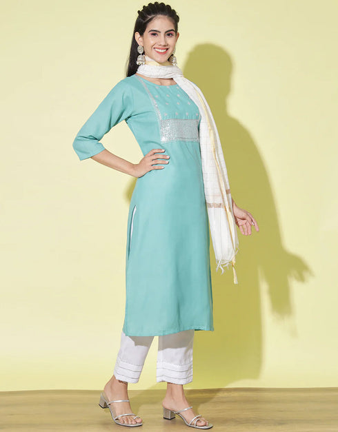Party Wear Readymade Cotton Blend Kurta Suit Firoji Cotton Blend Pant Straight Close-up View