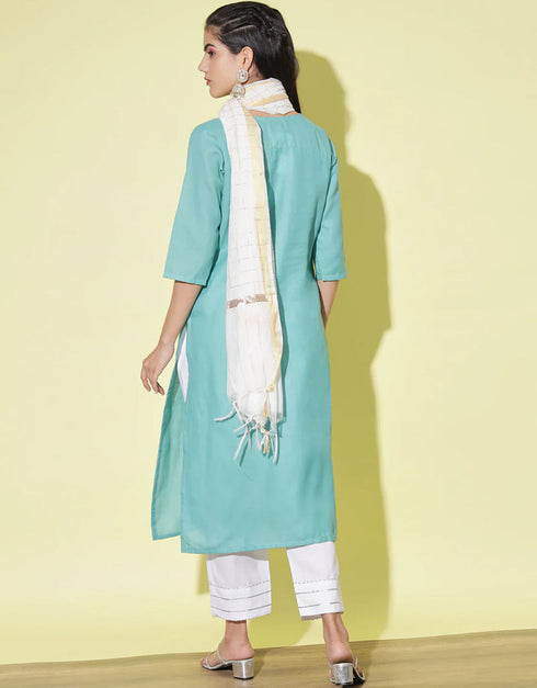 Party Wear Readymade Cotton Blend Kurta Suit Firoji Cotton Blend Pant Straight Side View