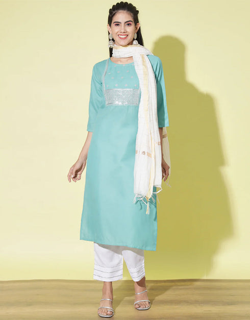 Party Wear Readymade Cotton Blend Kurta Suit Firoji Cotton Blend Pant Straight Front View