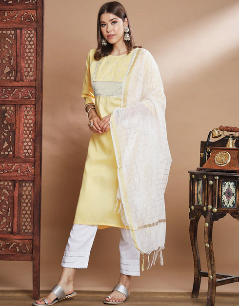 Party Wear Readymade Cotton Blend Kurta Suit Yellow Cotton Blend Pant Straight Close-up View
